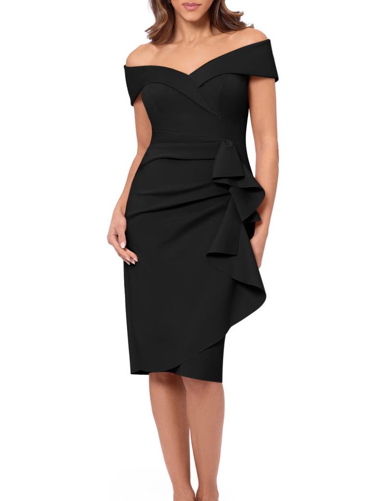 Xscape Women's Off-The-Shoulder Sweetheart Ruffle Dress Black Plus Size 20w